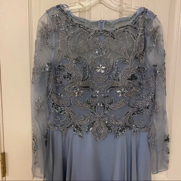 XSCAPE Petite Sequin Embellished Long Sleeve BoatNeck Chiffon Gown in Dusty Blue - Picture 7 of 10